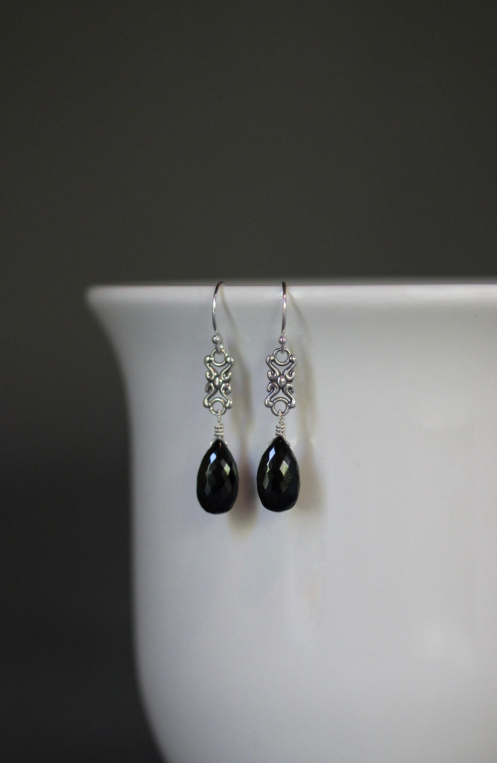 Black Spinel Teardrop Earrings on Bali Sterling Silver Links