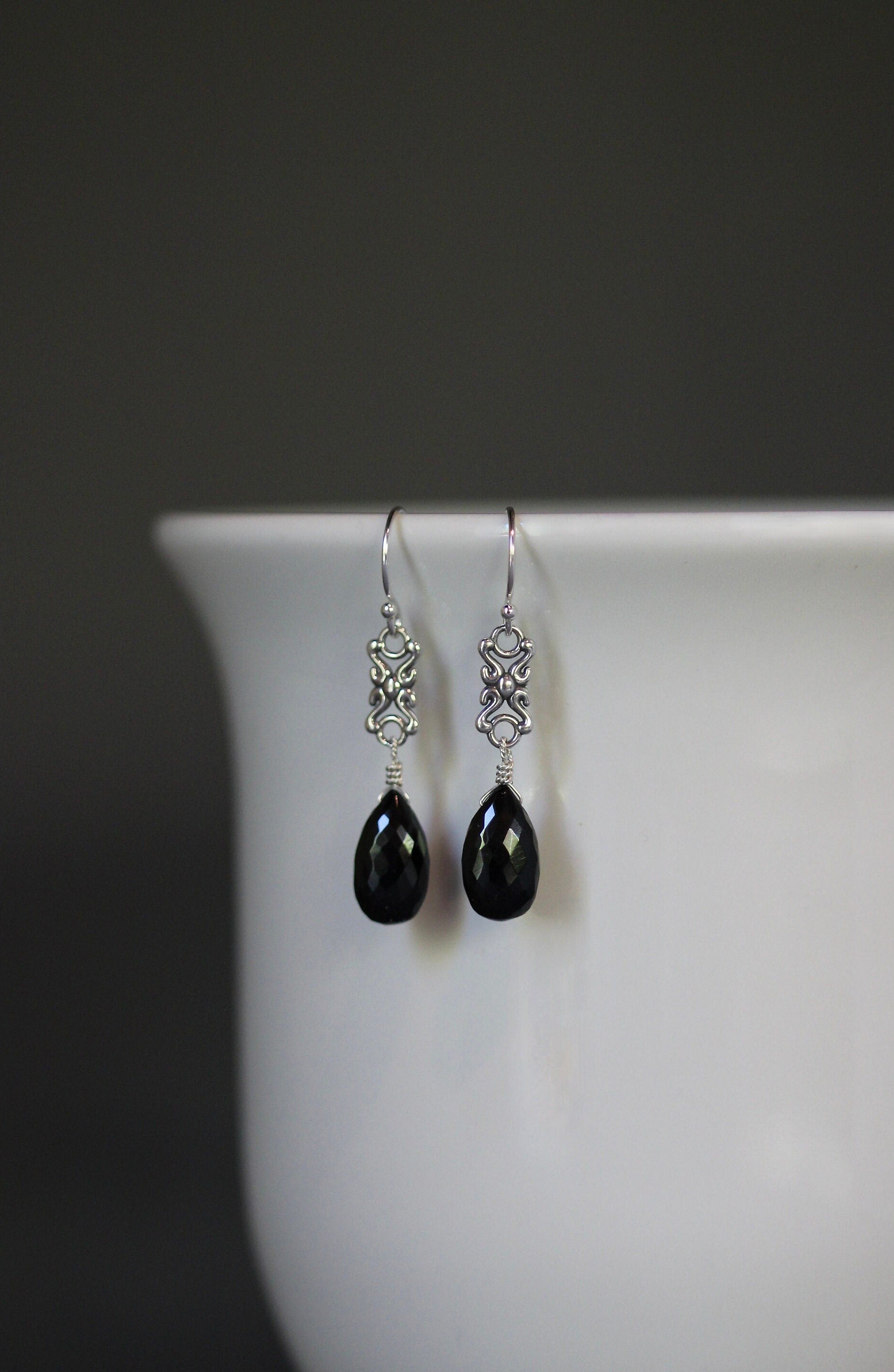 Black Spinel Teardrop Earrings on Bali Sterling Silver Links