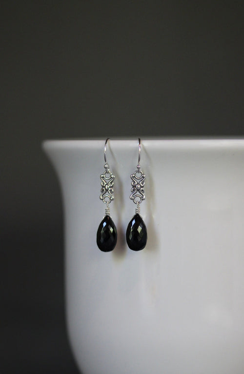 Black Spinel Teardrop Earrings on Bali Sterling Silver Links