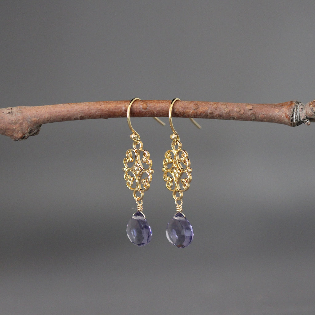 Iolite Quartz Teardrop Earrings on Gold Vermeil Links