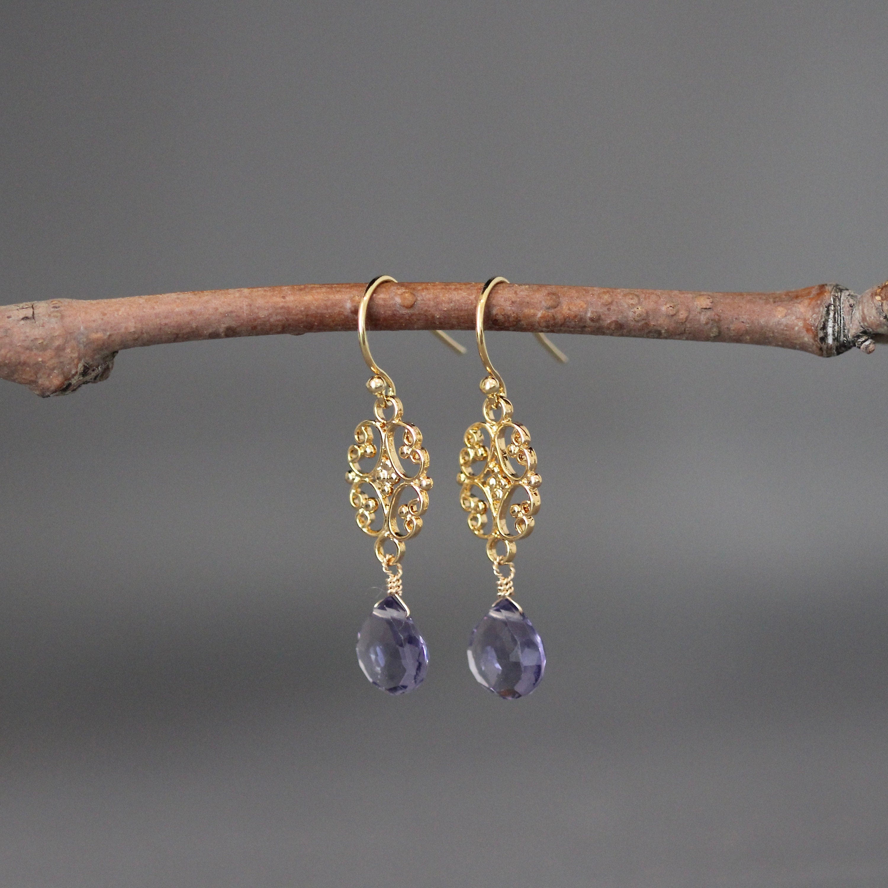 Iolite Quartz Teardrop Earrings on Gold Vermeil Links