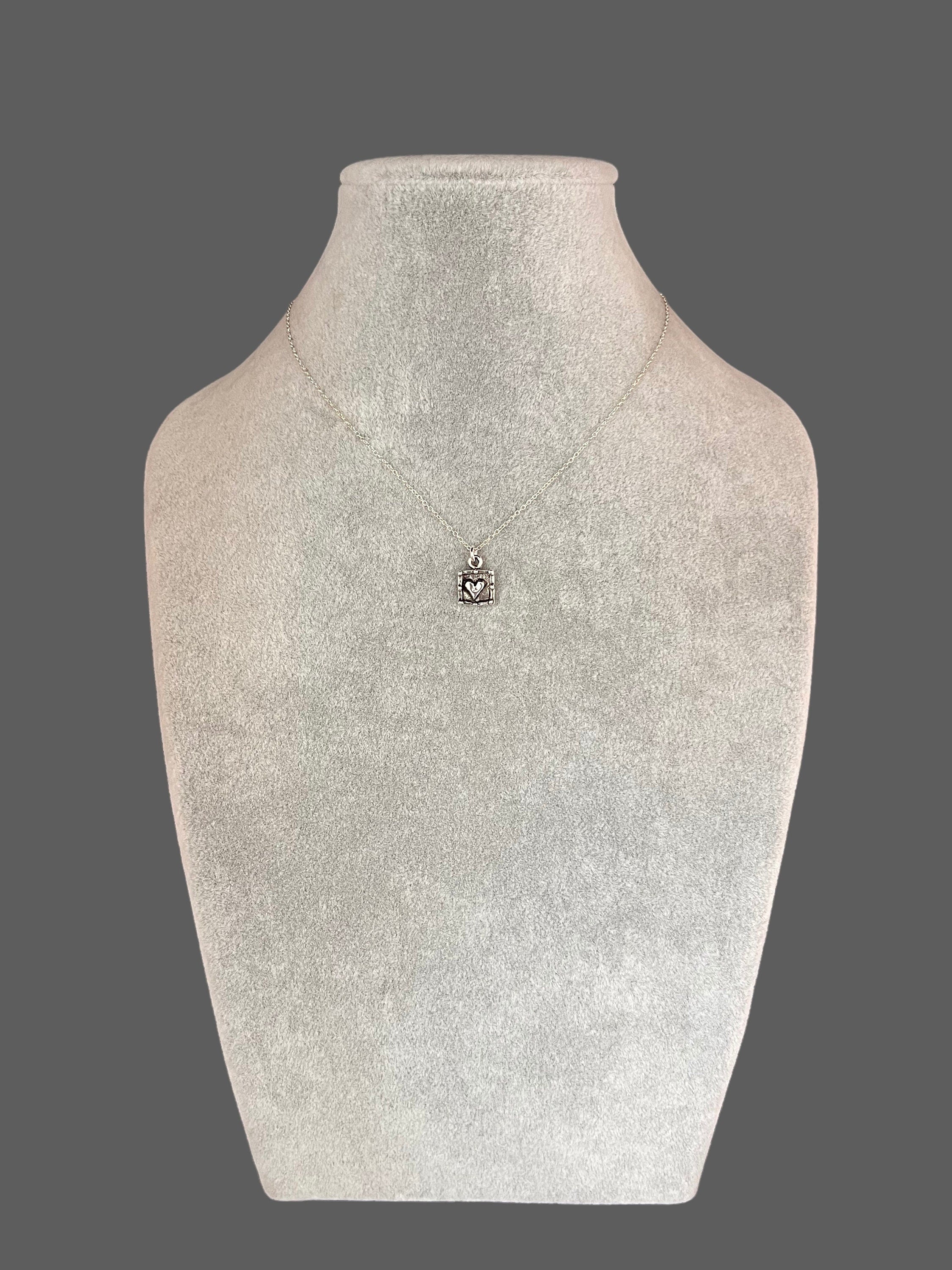 Bali Sterling Silver Raised Heart Square Charm Necklace
