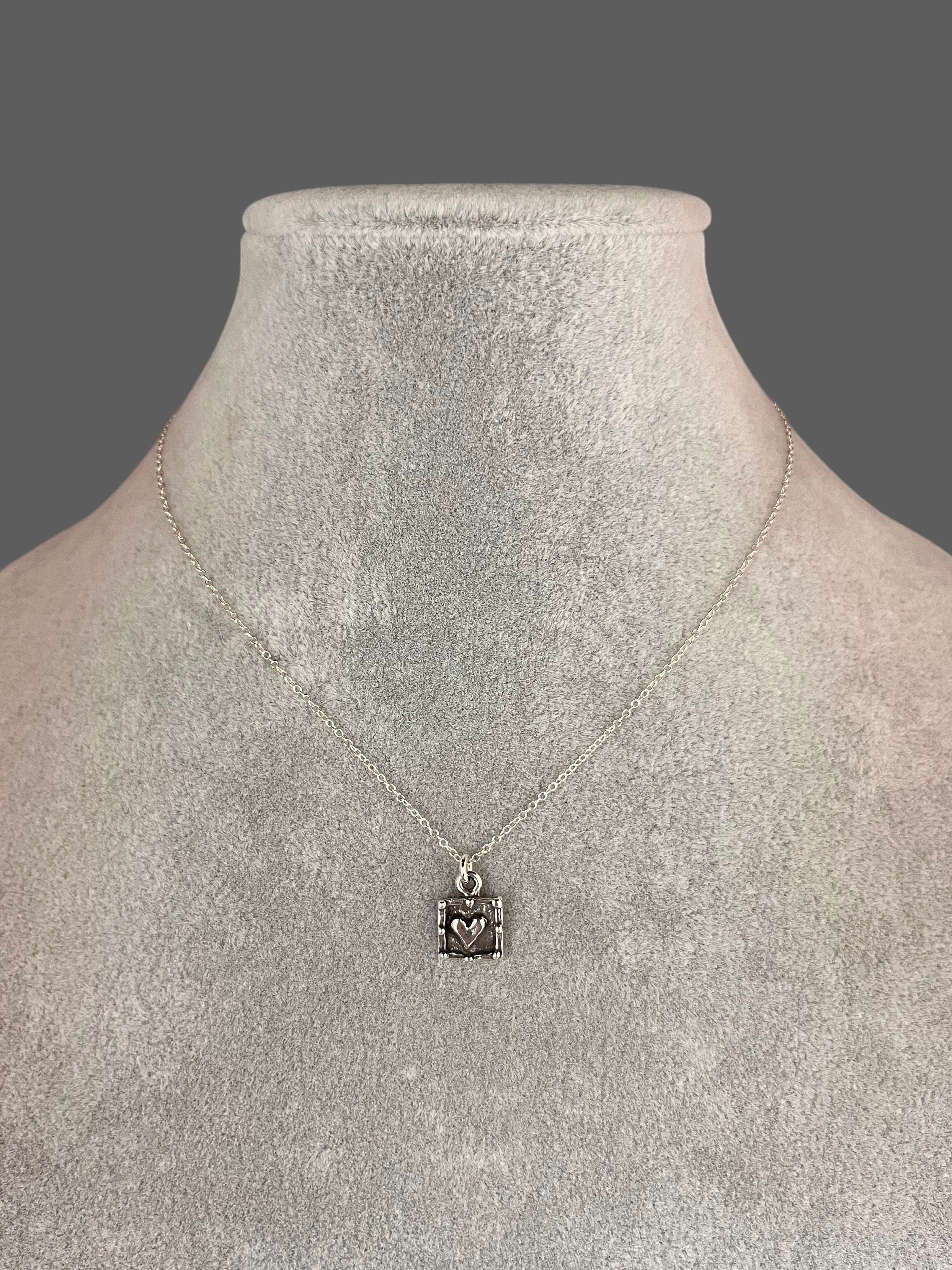 Bali Sterling Silver Raised Heart Square Charm Necklace