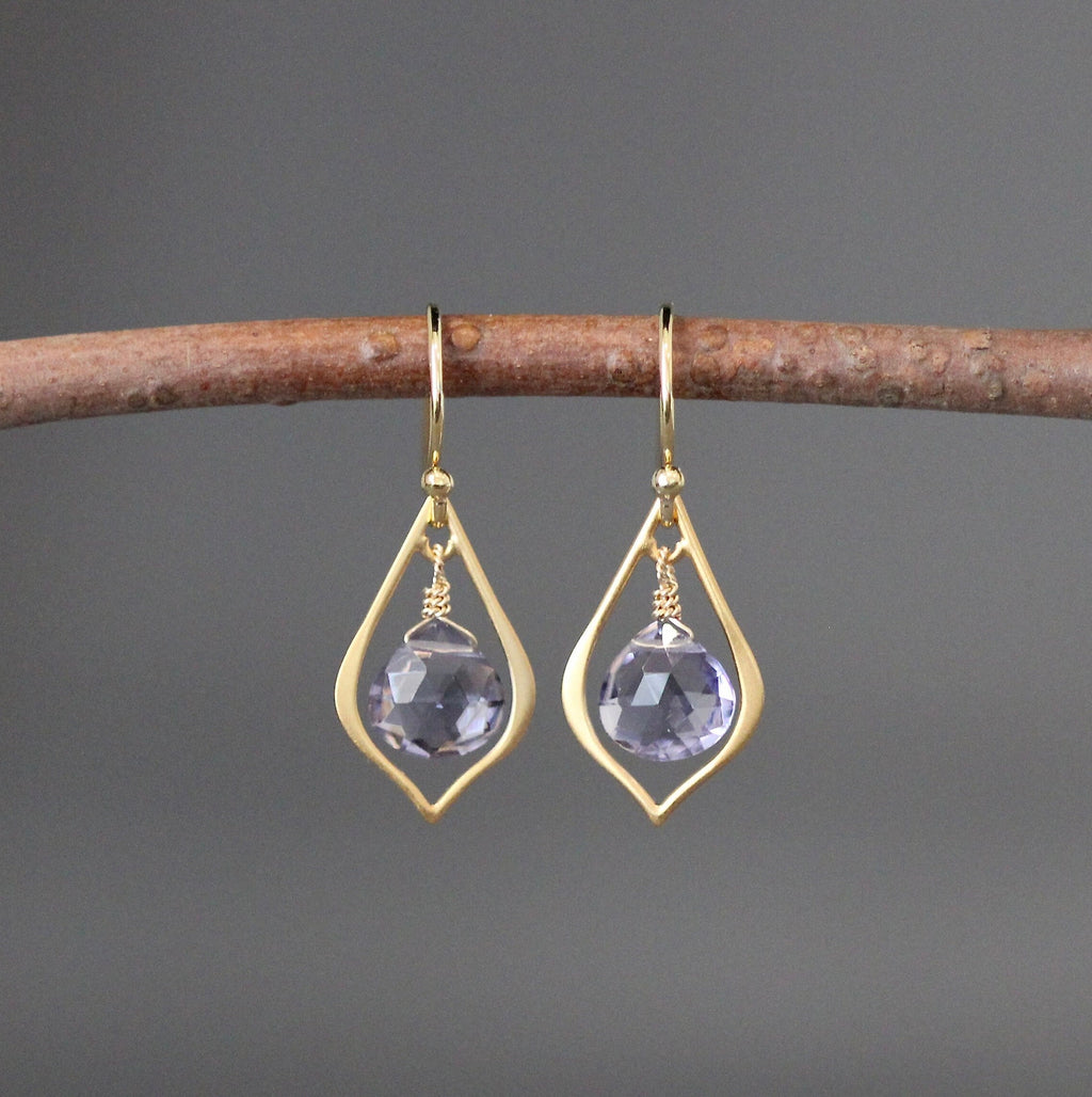 Iolite Quartz Teardrop Earrings on Matte Gold Vermeil Chandelier Links