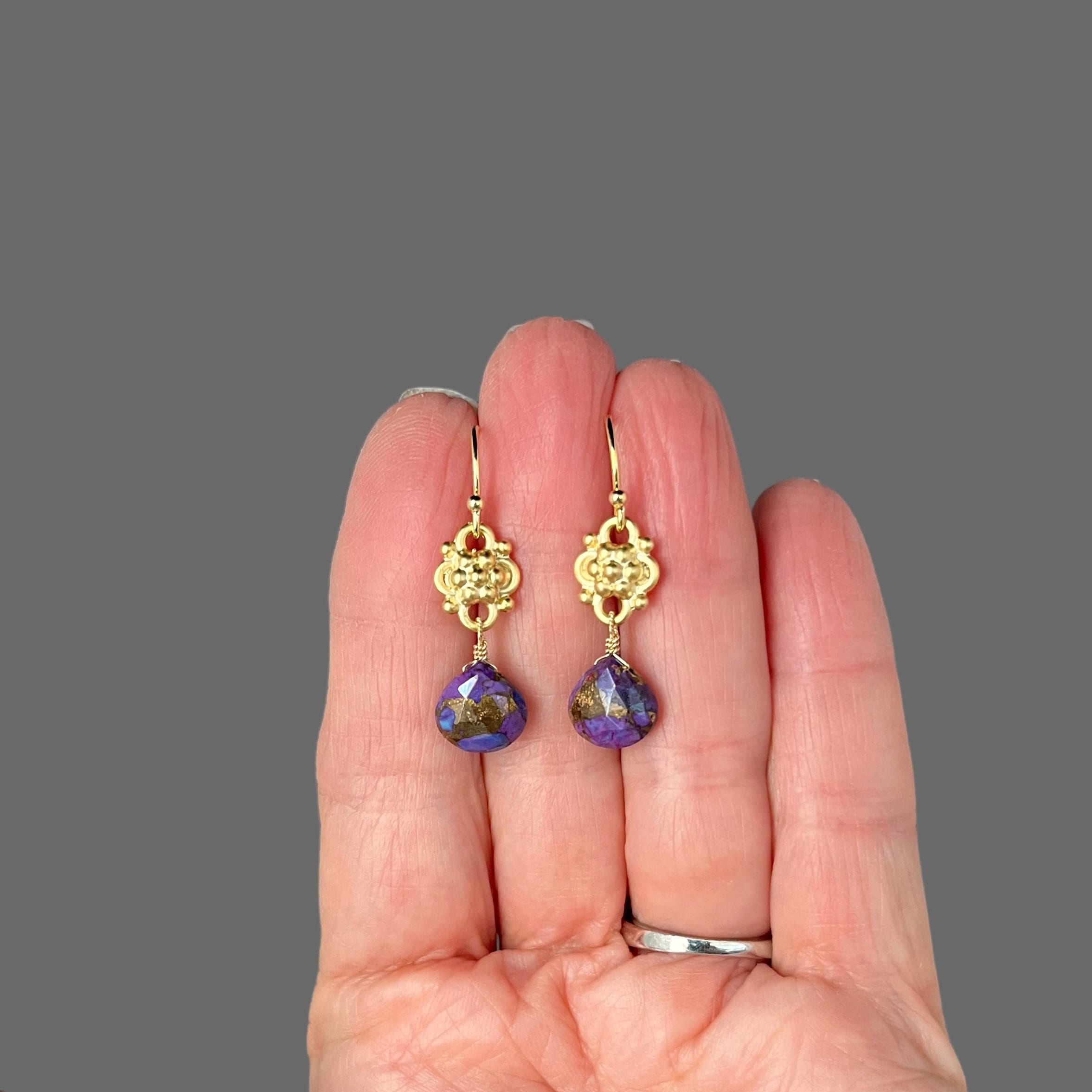 Purple Copper Turquoise Teardrop Earrings on Gold Vermeil Links