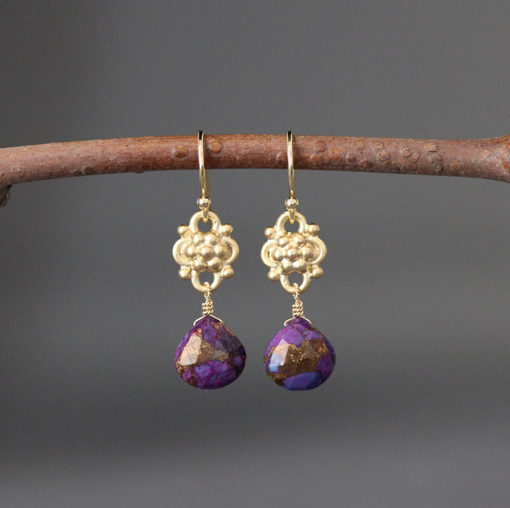 Purple Copper Turquoise Teardrop Earrings on Gold Vermeil Links