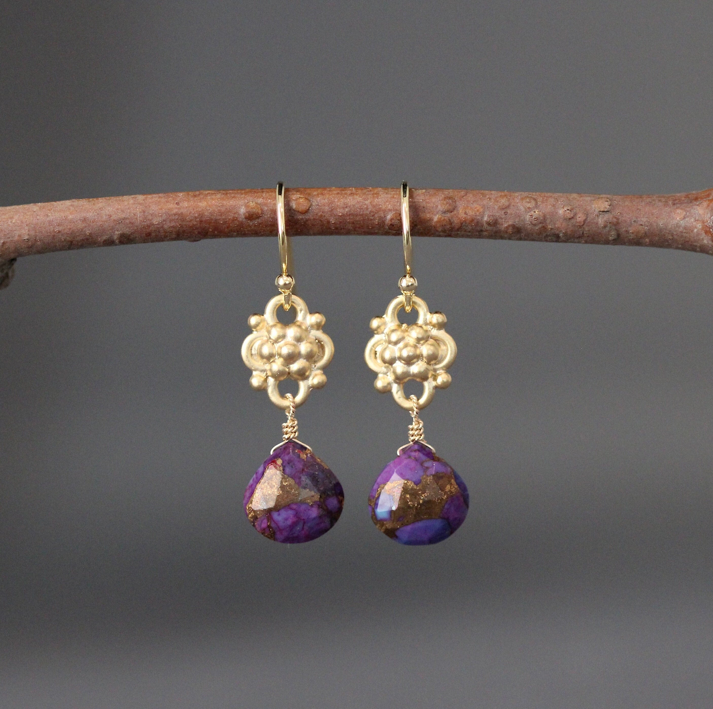 Purple Copper Turquoise Teardrop Earrings on Gold Vermeil Links