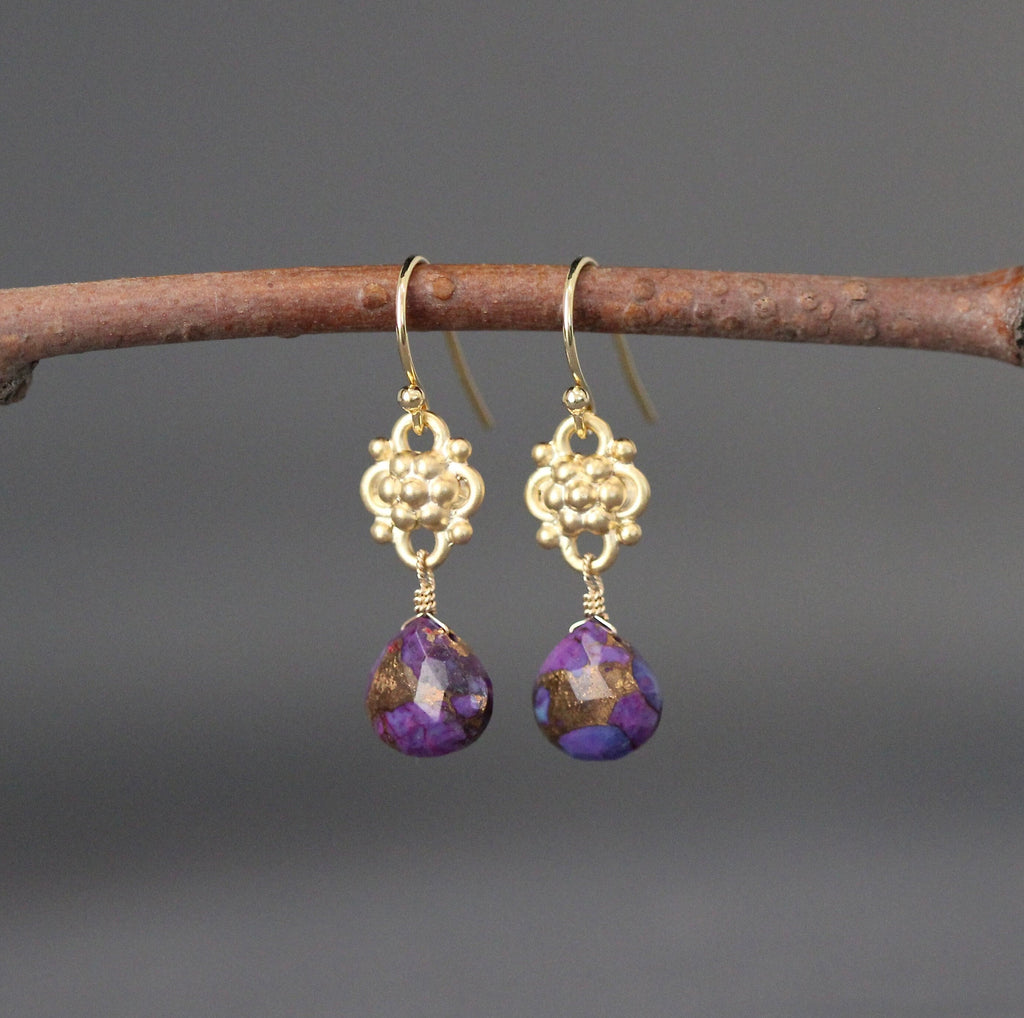 Purple Copper Turquoise Teardrop Earrings on Gold Vermeil Links