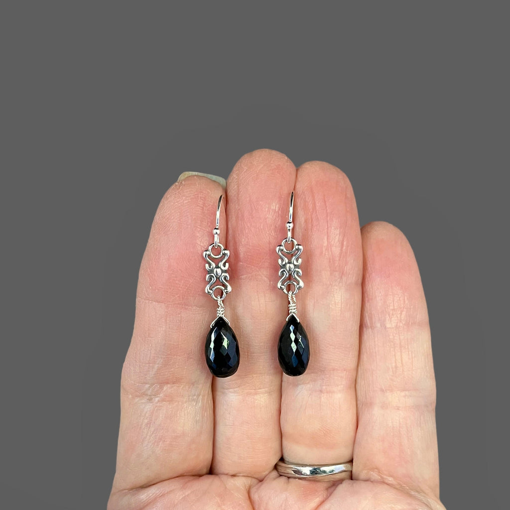 Black Spinel Teardrop Earrings on Bali Sterling Silver Links