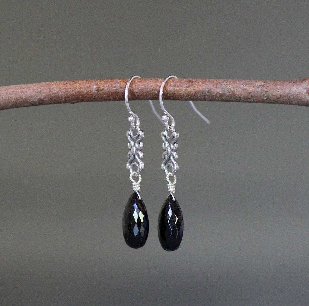 Black Spinel Teardrop Earrings on Bali Sterling Silver Links
