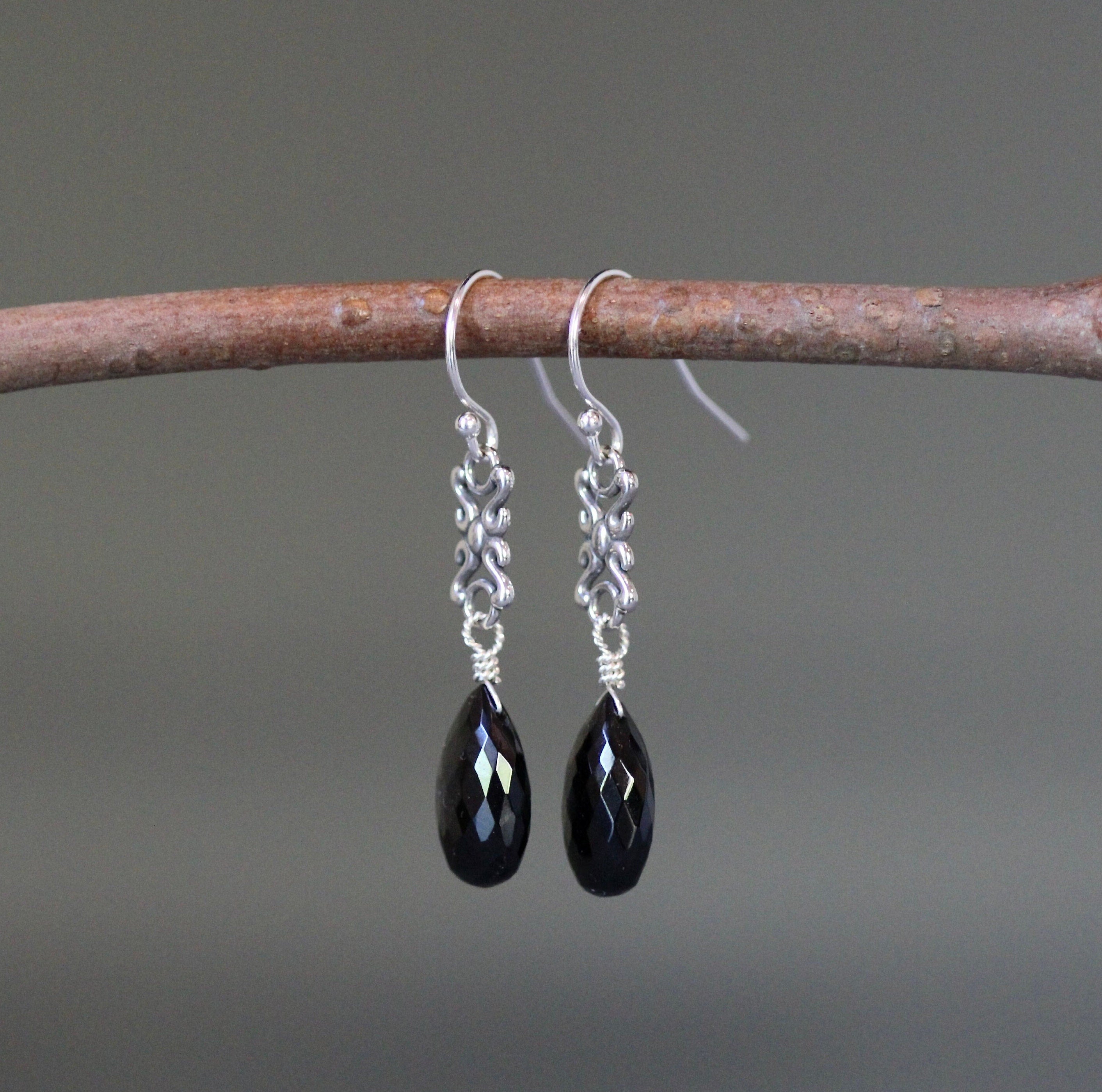 Black Spinel Teardrop Earrings on Bali Sterling Silver Links
