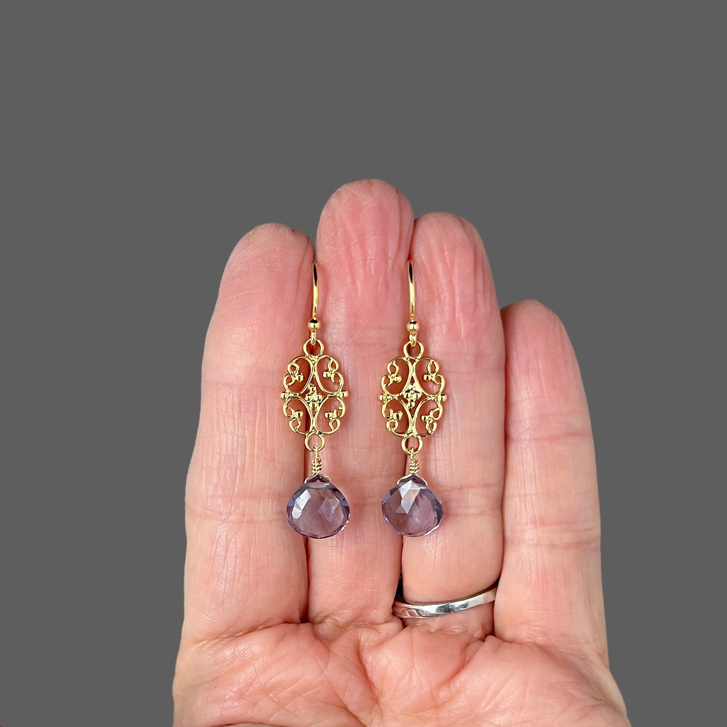 Iolite Quartz Teardrop Earrings on Gold Vermeil Links