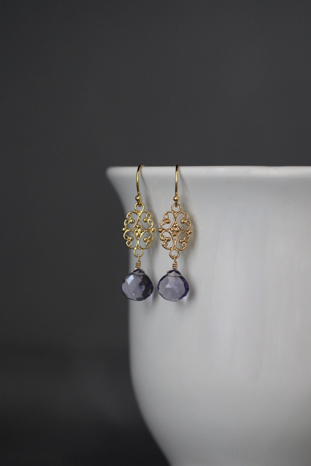 Iolite Quartz Teardrop Earrings on Gold Vermeil Links