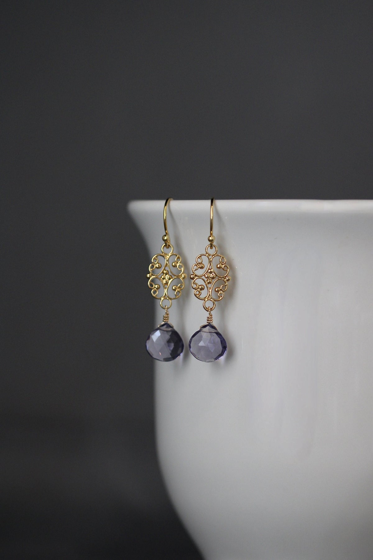 Gold vermeil teardrop earrings with dark iolite quartz stones and filigree links