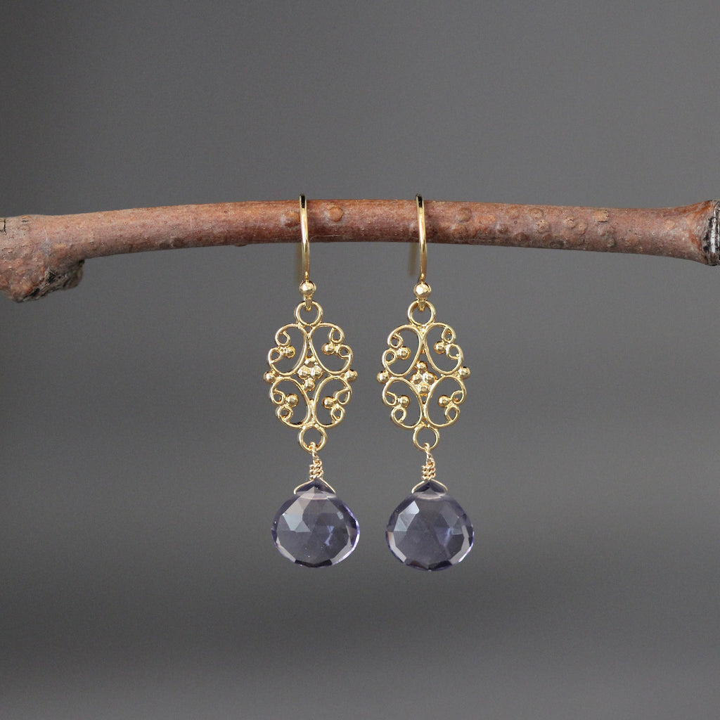 Iolite Quartz Teardrop Earrings on Gold Vermeil Links