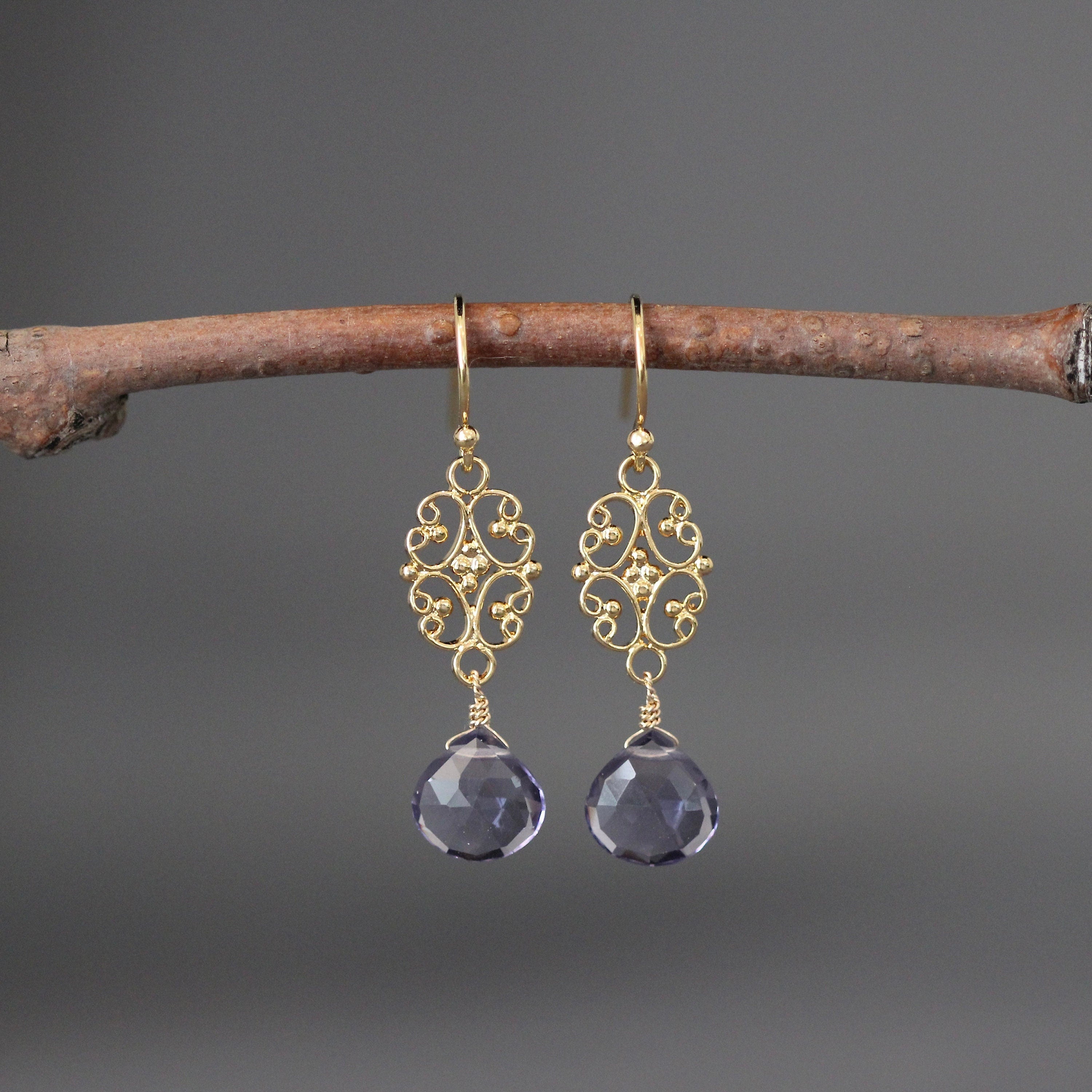 Iolite Quartz Teardrop Earrings on Gold Vermeil Links