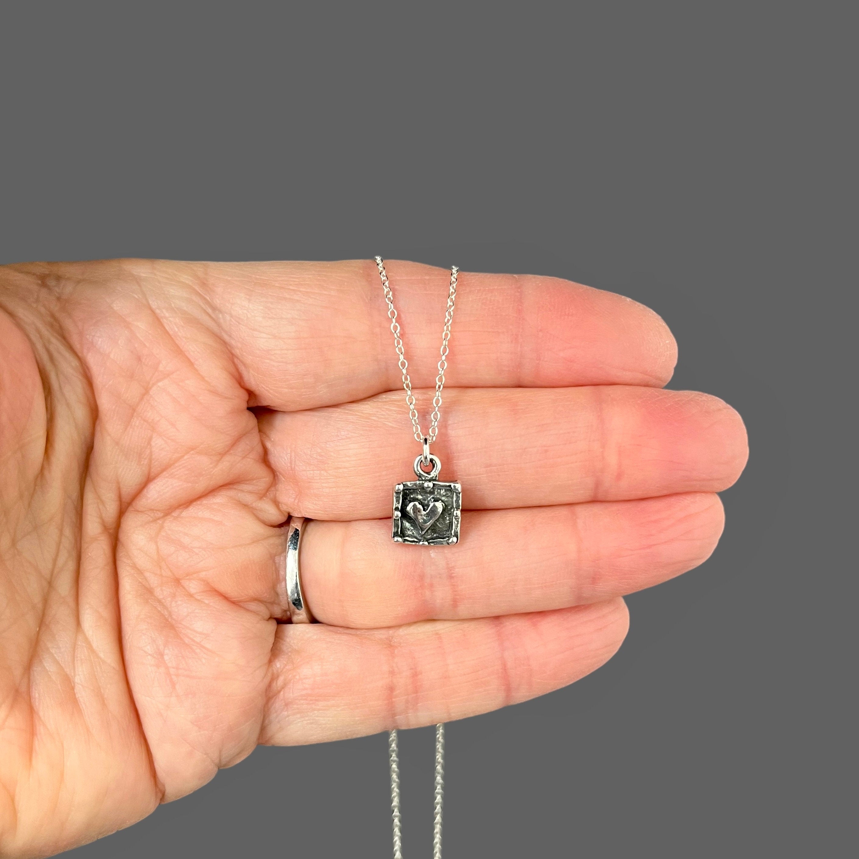 Bali Sterling Silver Raised Heart Square Charm Necklace