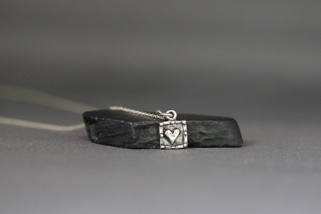 Bali Sterling Silver Raised Heart Square Charm Necklace
