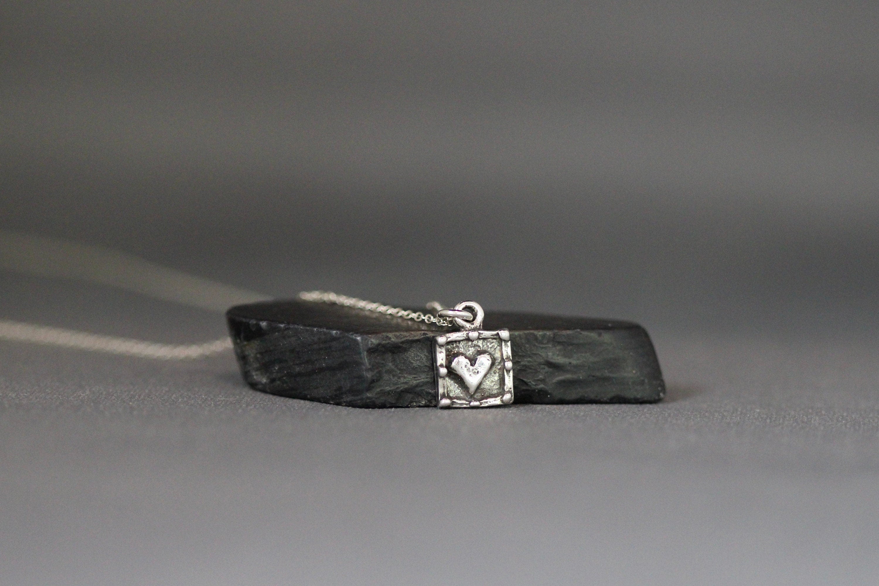 Bali Sterling Silver Raised Heart Square Charm Necklace