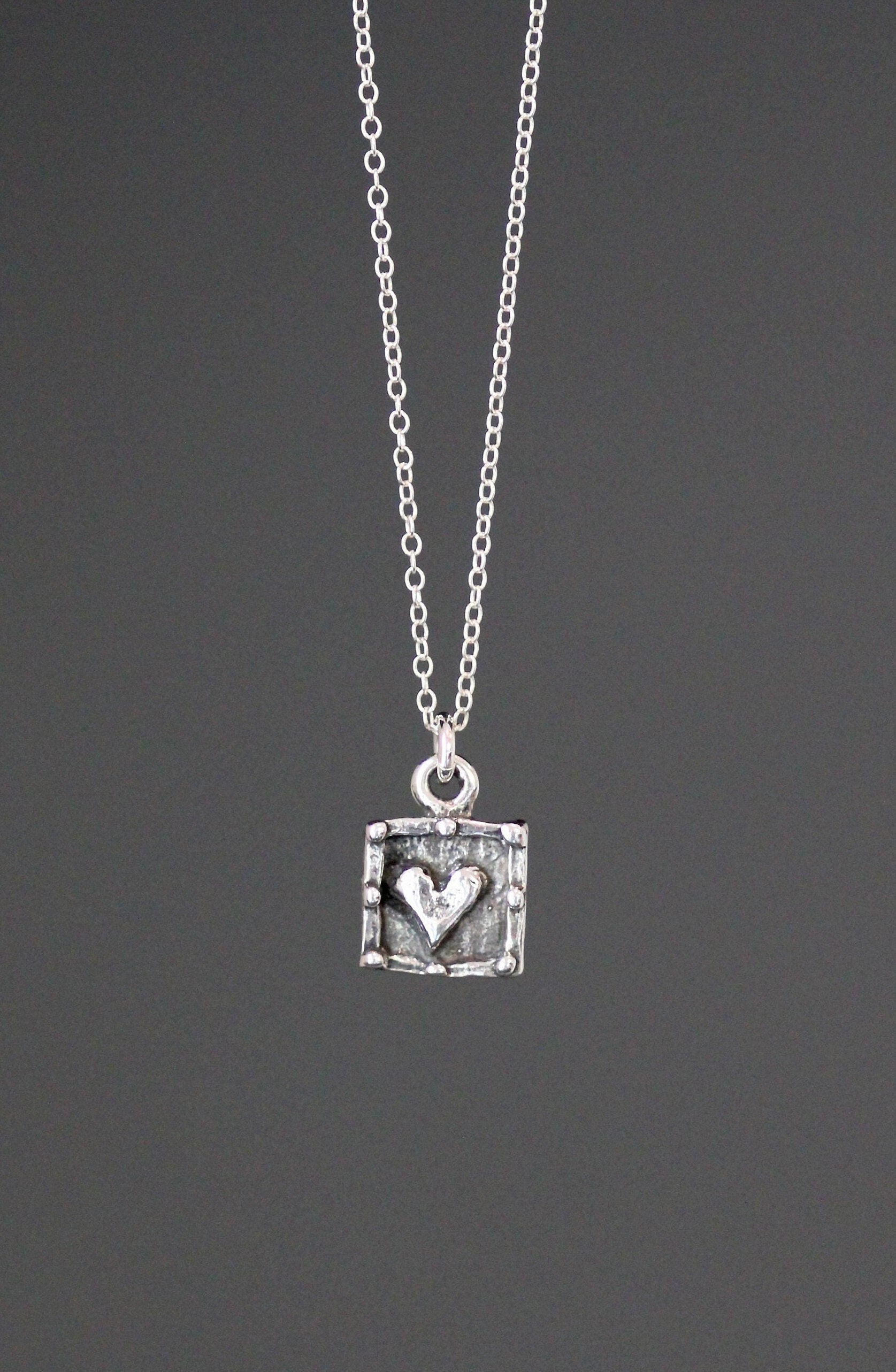 Bali Sterling Silver Raised Heart Square Charm Necklace