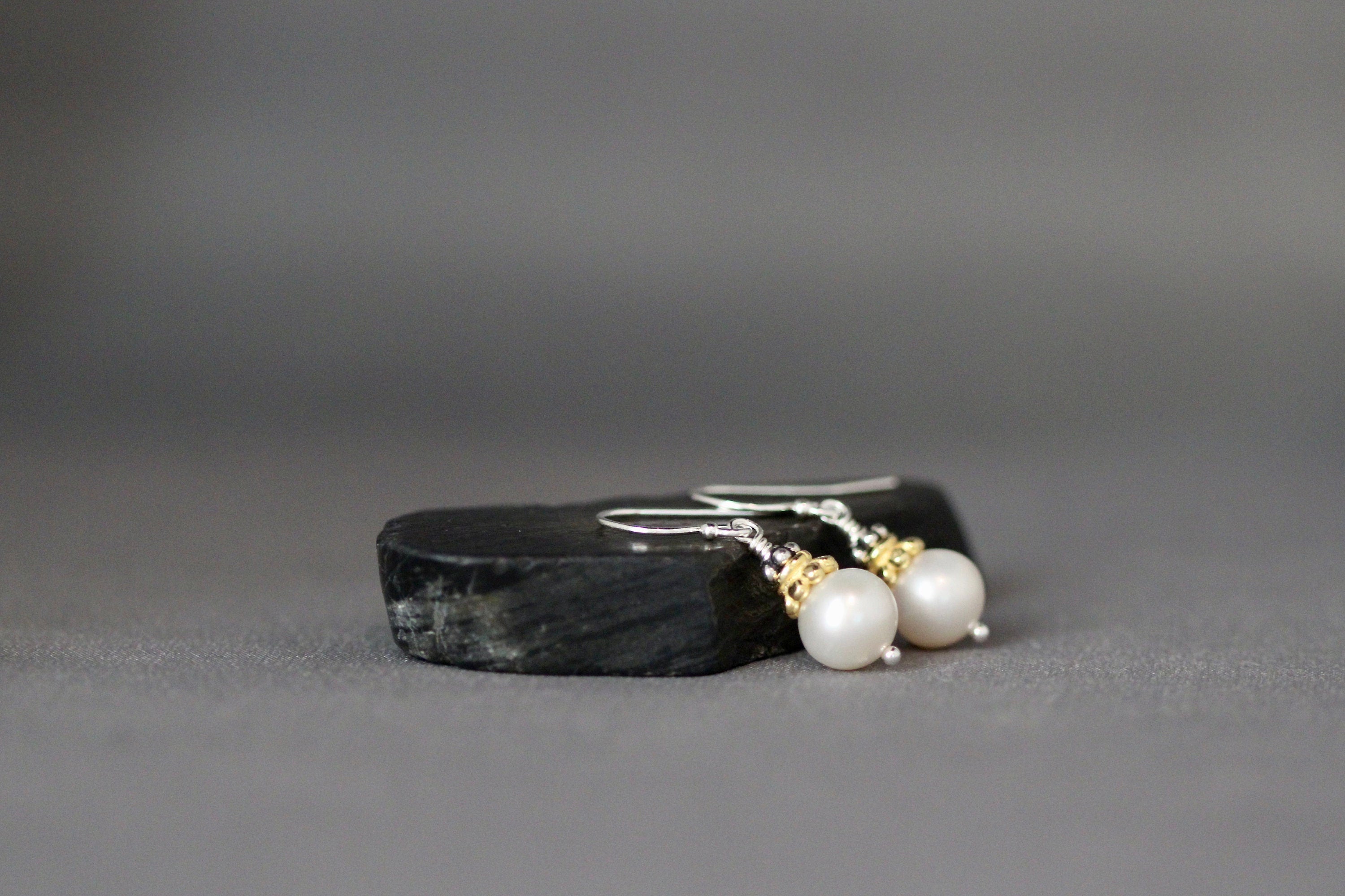 Freshwater Pearl Dangle Earrings with Mixed Sterling Silver and Gold Vermeil