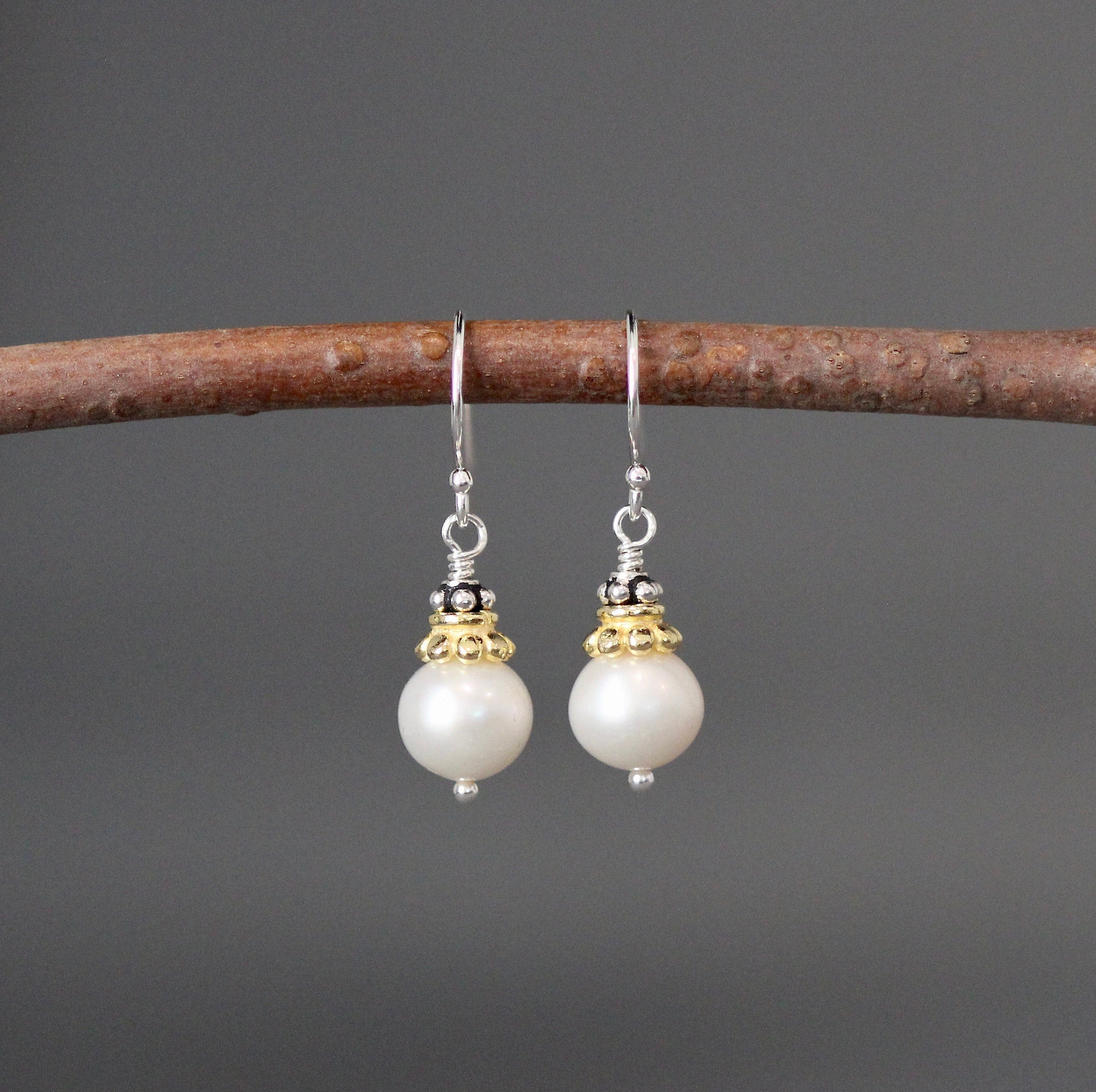 Freshwater Pearl Dangle Earrings with Mixed Sterling Silver and Gold Vermeil