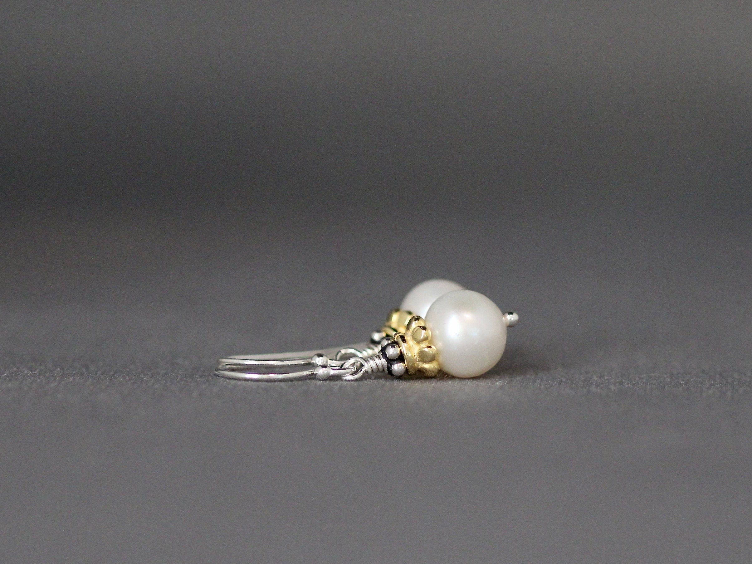 Freshwater Pearl Dangle Earrings with Mixed Sterling Silver and Gold Vermeil