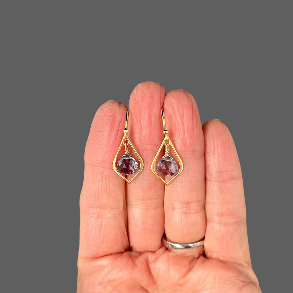 Iolite Quartz Teardrop Earrings on Matte Gold Vermeil Chandelier Links