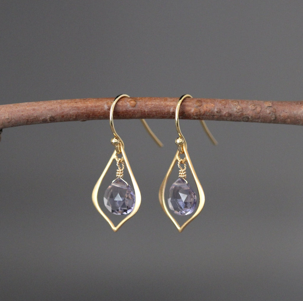 Iolite Quartz Teardrop Earrings on Matte Gold Vermeil Chandelier Links