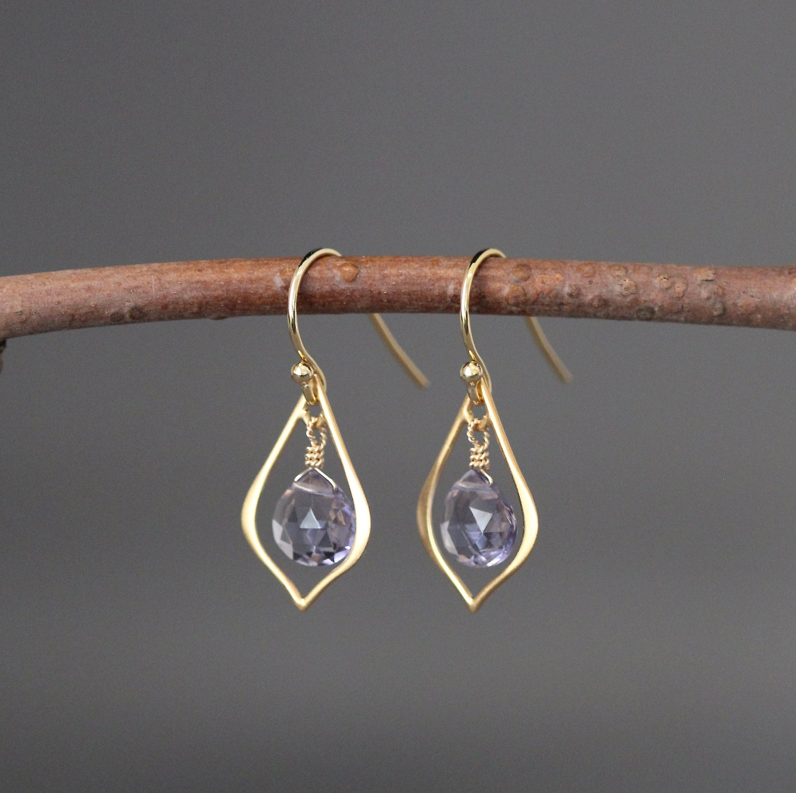 Iolite Quartz Teardrop Earrings on Matte Gold Vermeil Chandelier Links