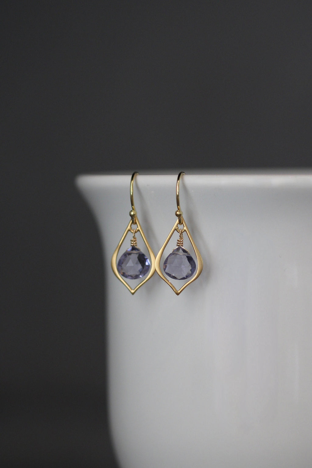 Iolite Quartz Teardrop Earrings on Matte Gold Vermeil Chandelier Links