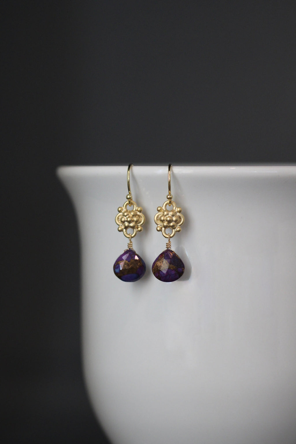 Purple Copper Turquoise Teardrop Earrings on Gold Vermeil Links