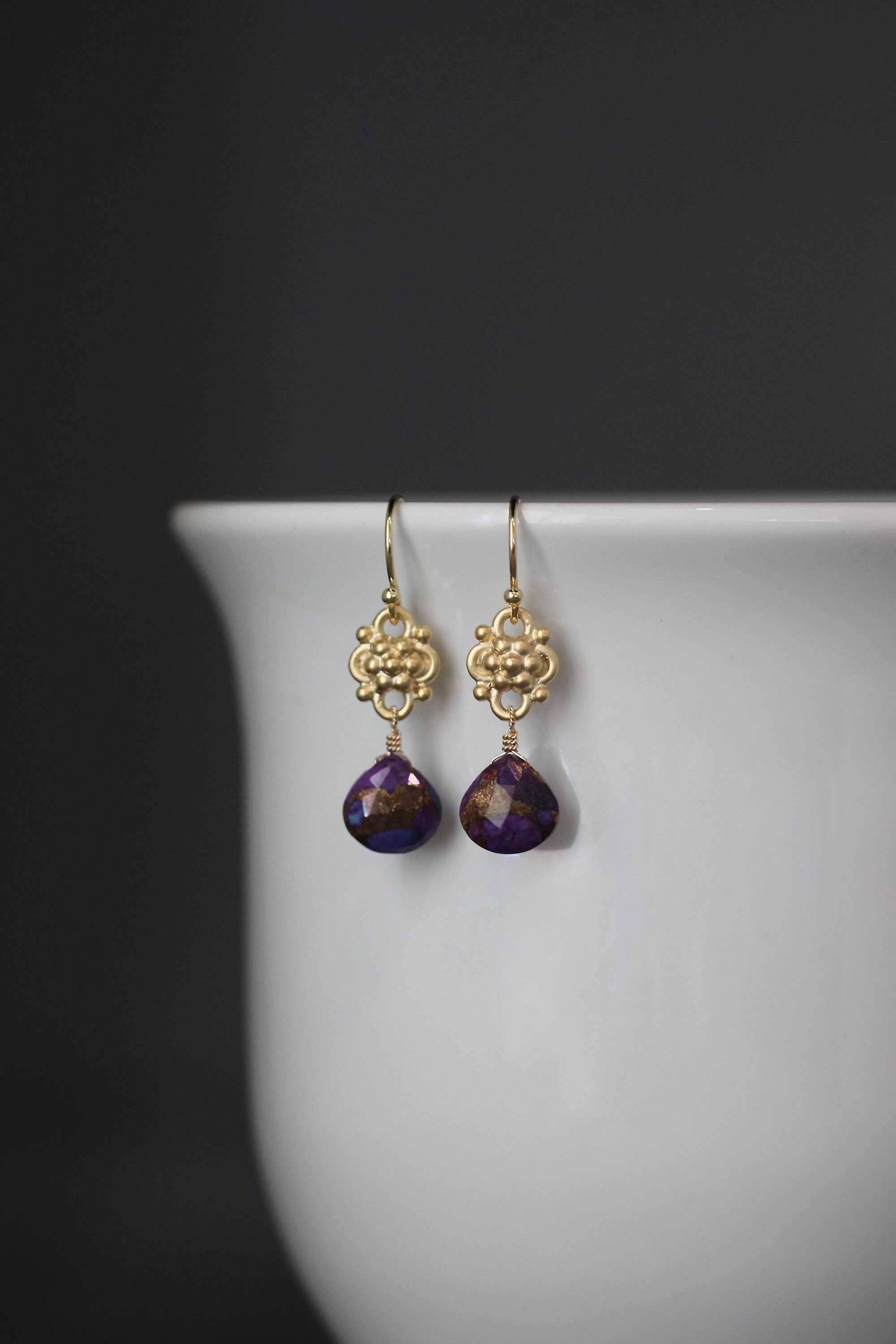 Purple Copper Turquoise Teardrop Earrings on Gold Vermeil Links