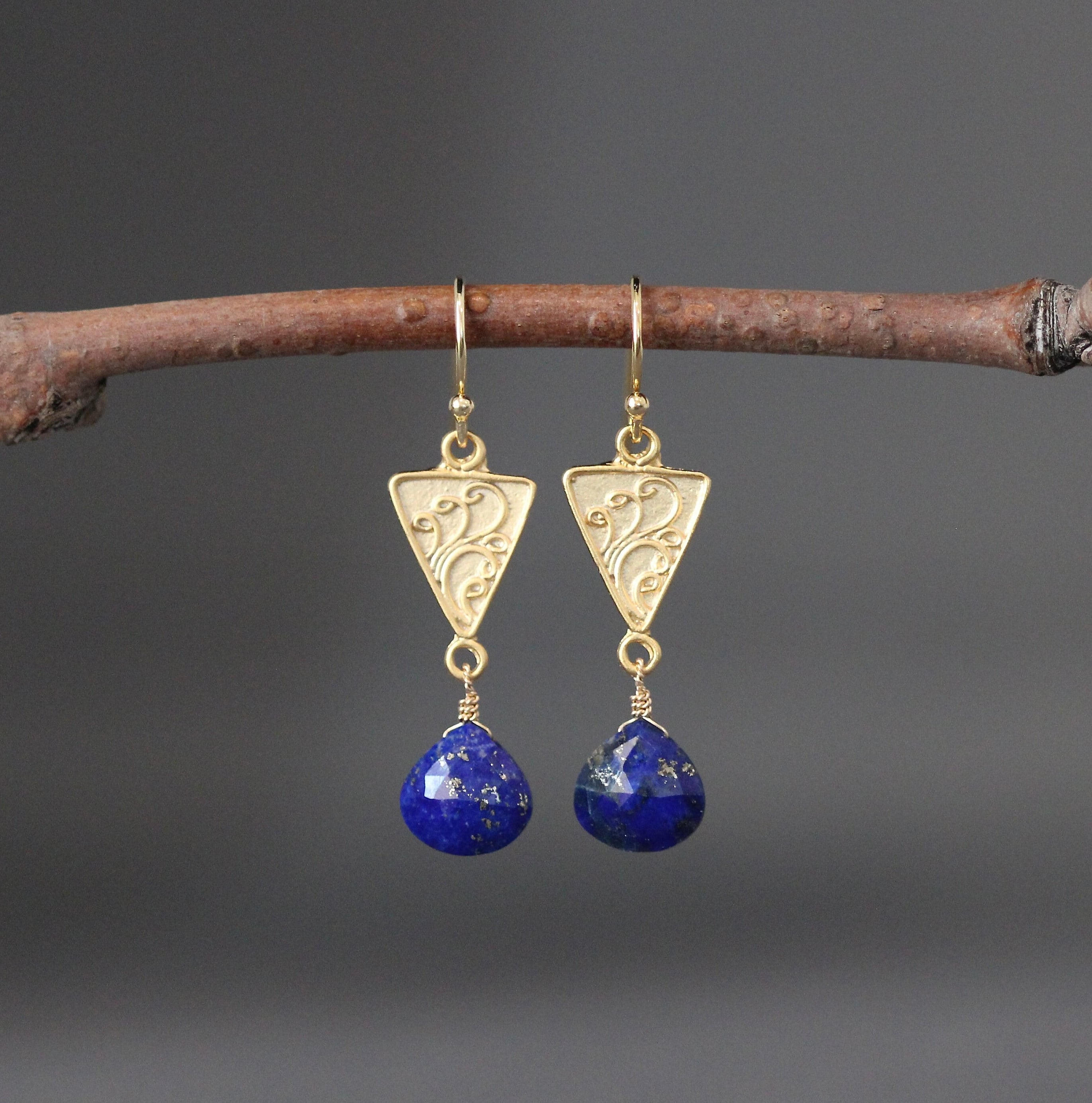 Lapis Lazuli Teardrop Earrings with Matte Gold Vermeil Links