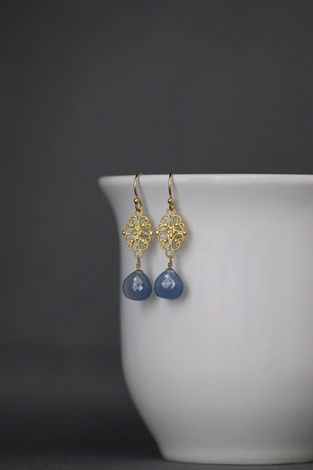 Blue Chalcedony Teardrop and Gold Vermeil Filigree Link Dangle Earrings