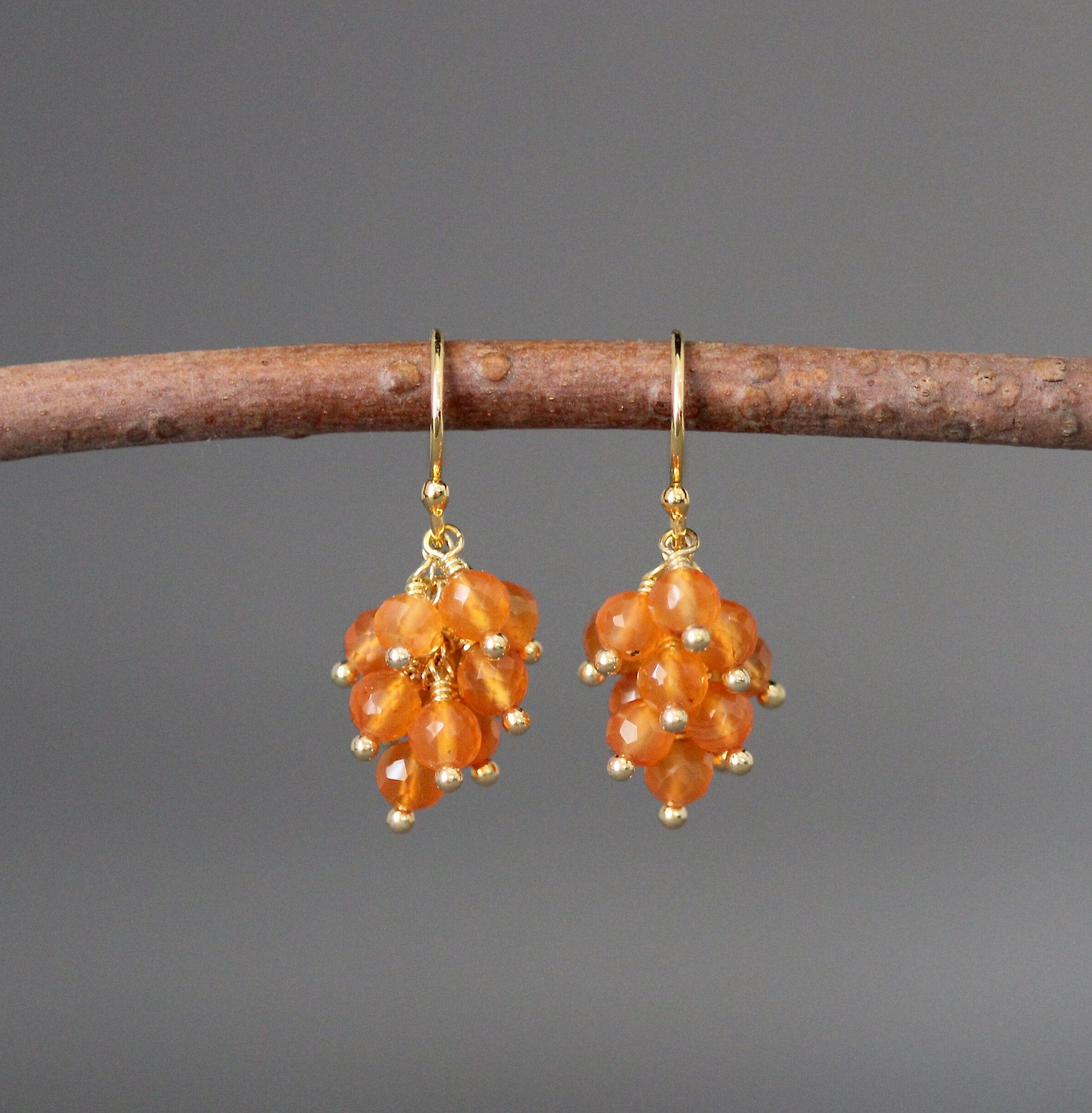 Orange Carnelian Cluster Dangle Earrings in Gold Vermeil