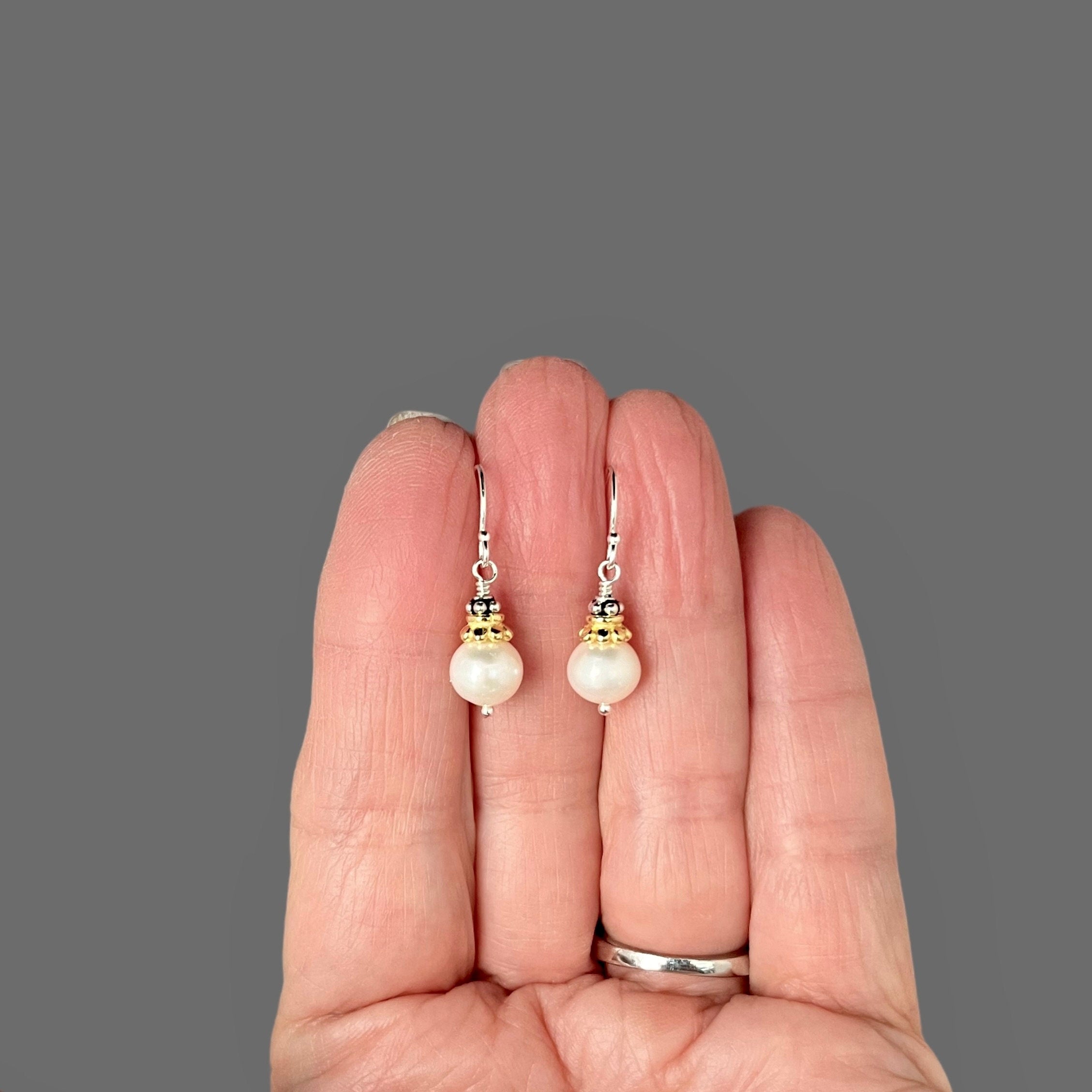Freshwater Pearl Dangle Earrings with Mixed Sterling Silver and Gold Vermeil