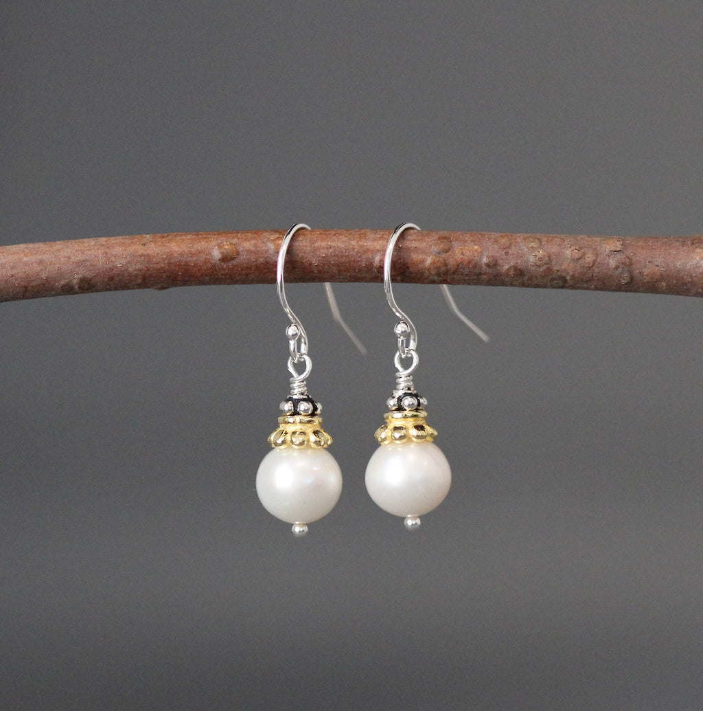 Freshwater Pearl Dangle Earrings with Mixed Sterling Silver and Gold Vermeil
