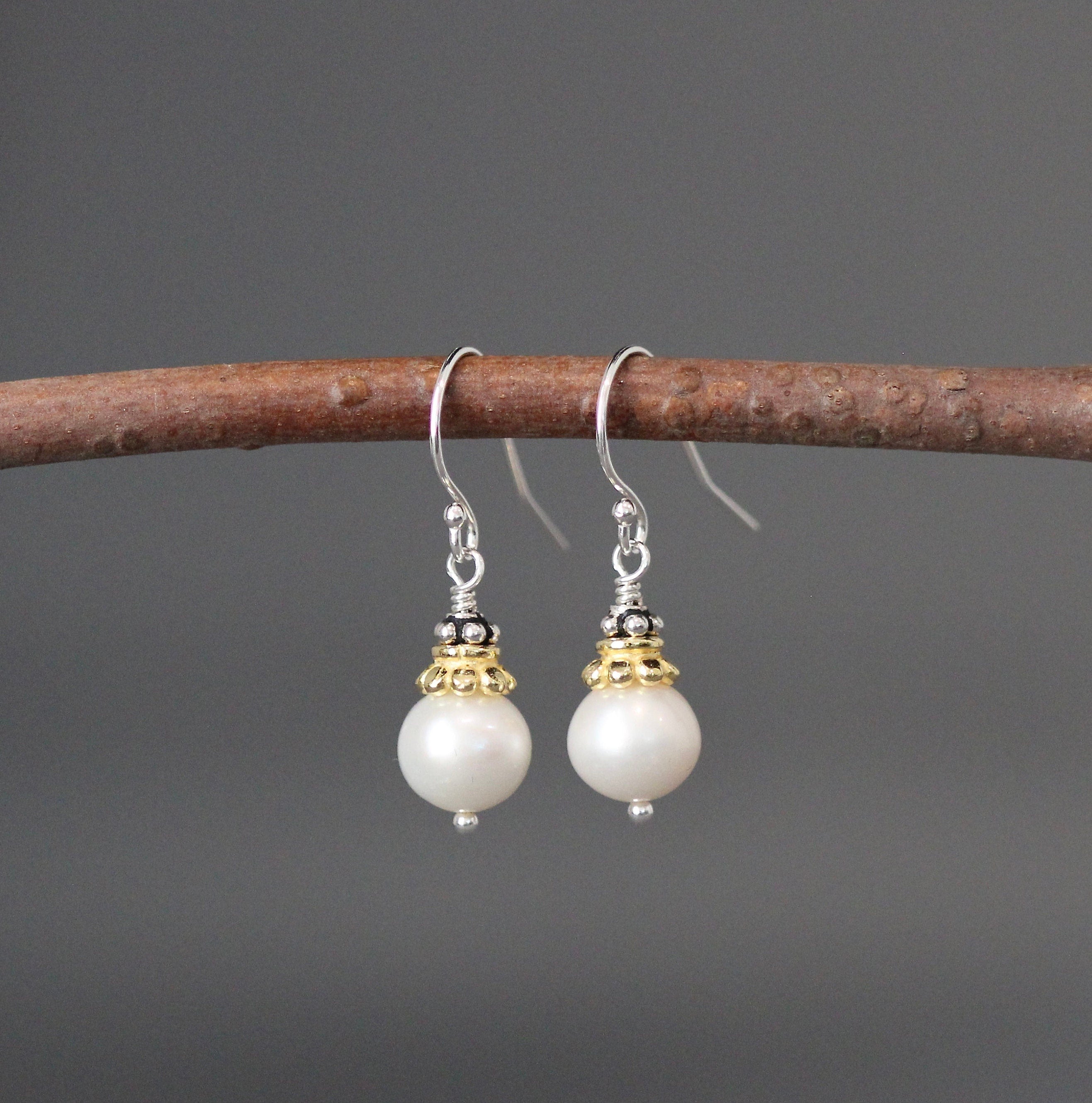 Freshwater Pearl Dangle Earrings with Mixed Sterling Silver and Gold Vermeil