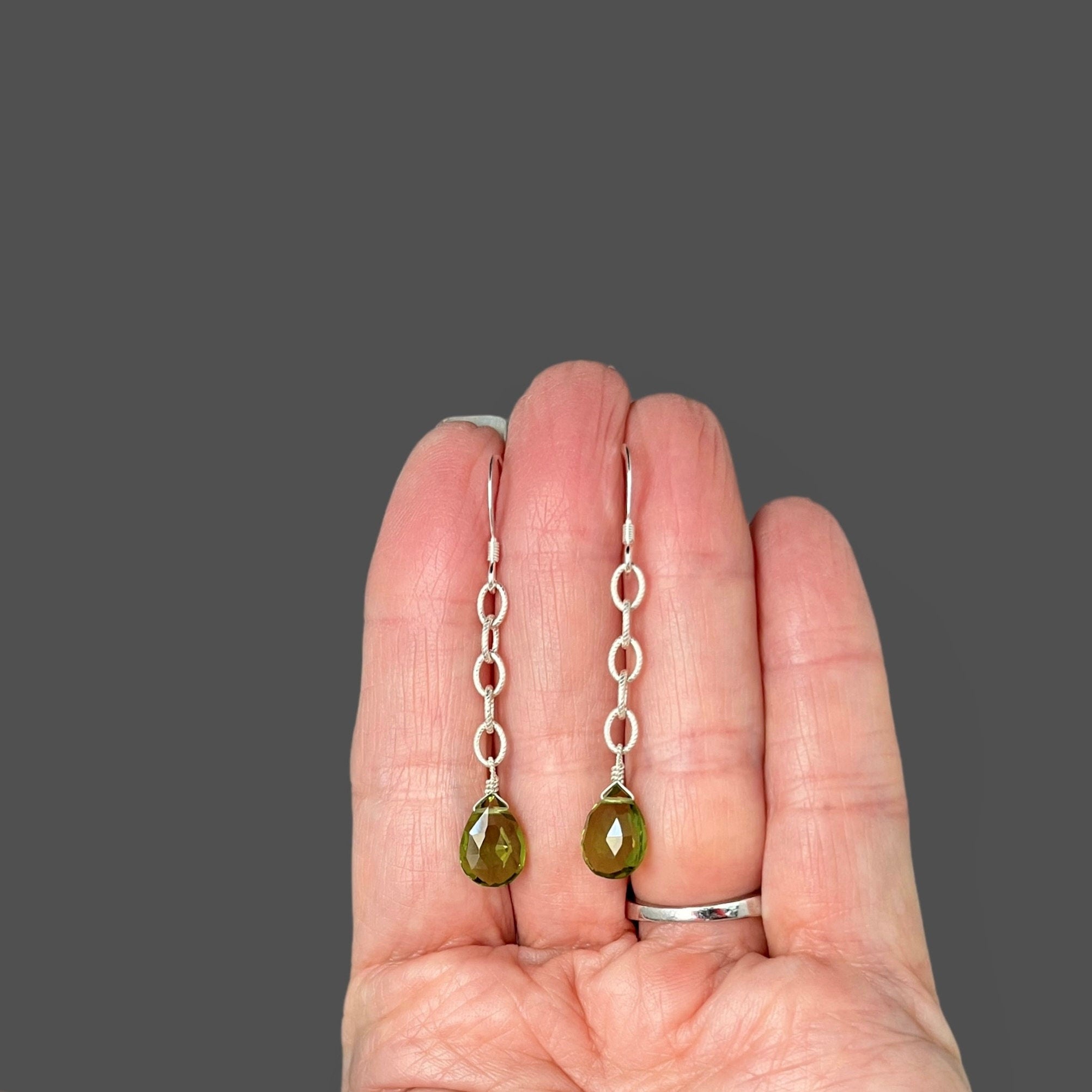 Peridot Teardrop Earrings on Sterling Silver Open Link Chain