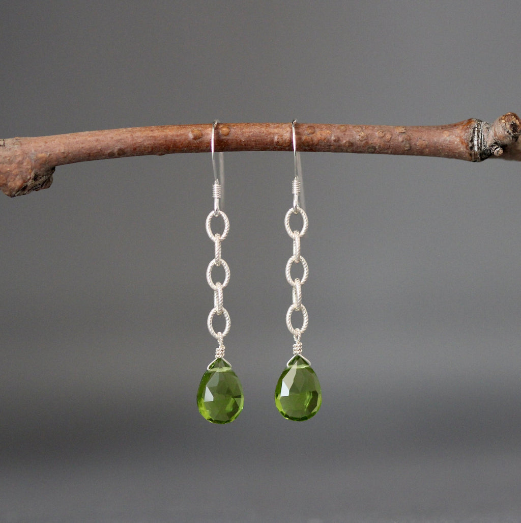 Peridot Teardrop Earrings on Sterling Silver Open Link Chain