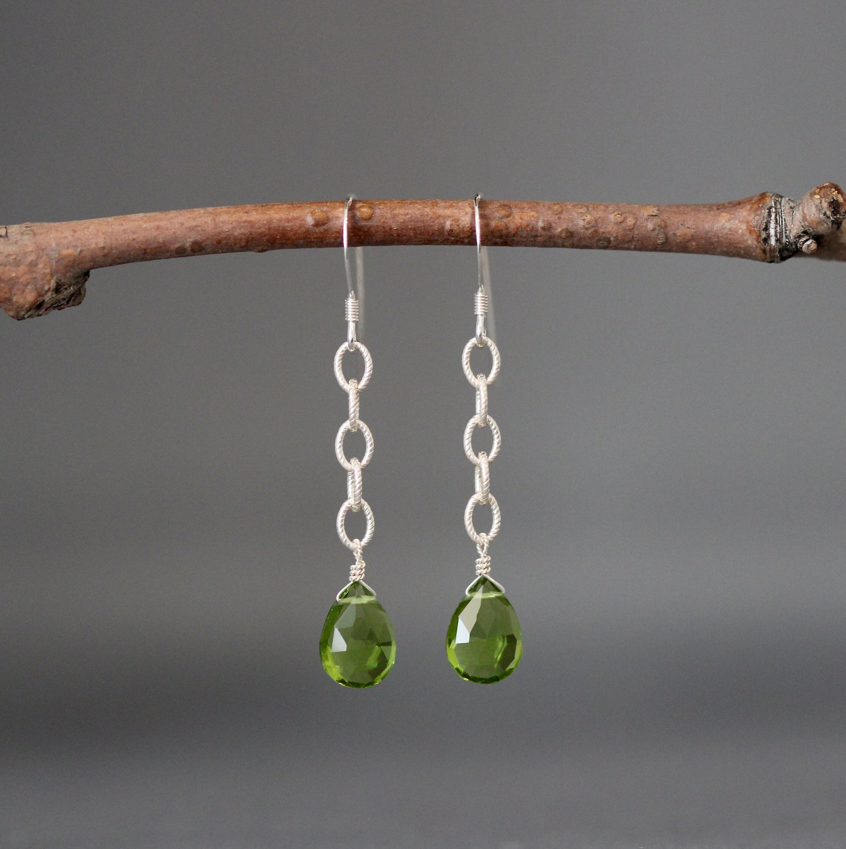 Peridot Teardrop Earrings on Sterling Silver Open Link Chain