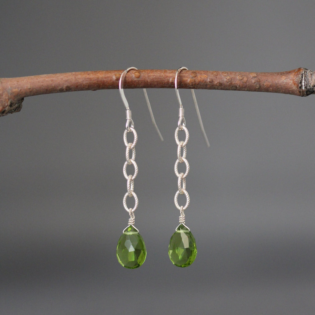 Peridot Teardrop Earrings on Sterling Silver Open Link Chain