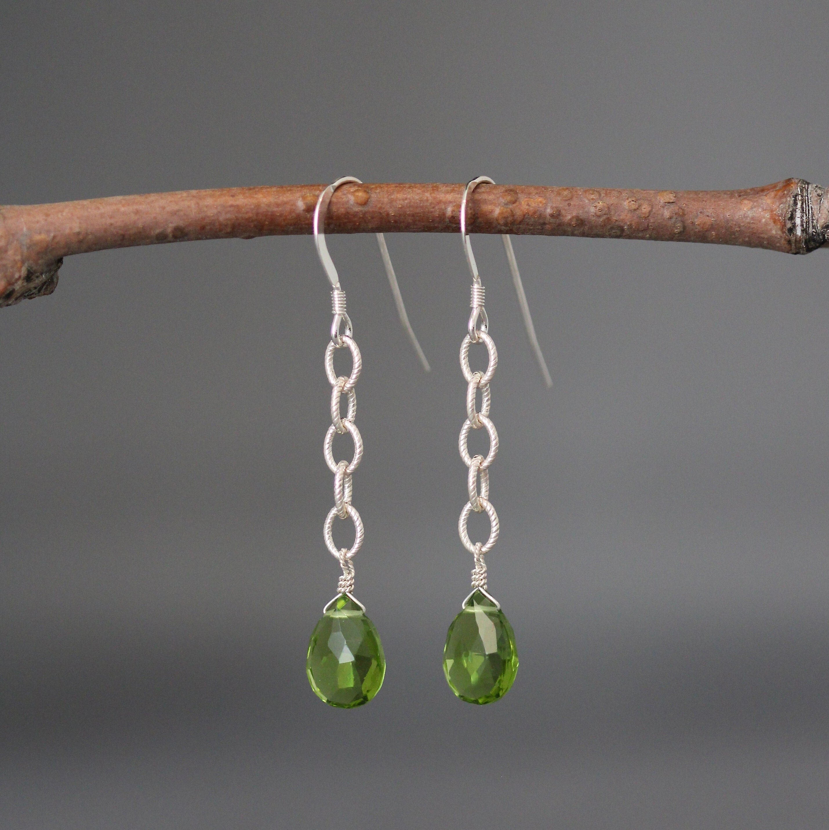Peridot Teardrop Earrings on Sterling Silver Open Link Chain