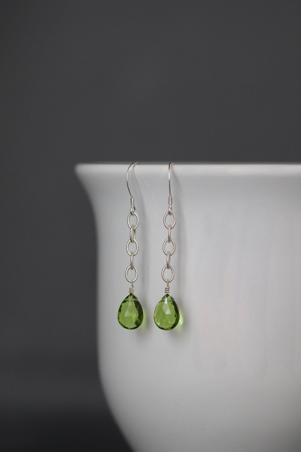 Peridot Teardrop Earrings on Sterling Silver Open Link Chain
