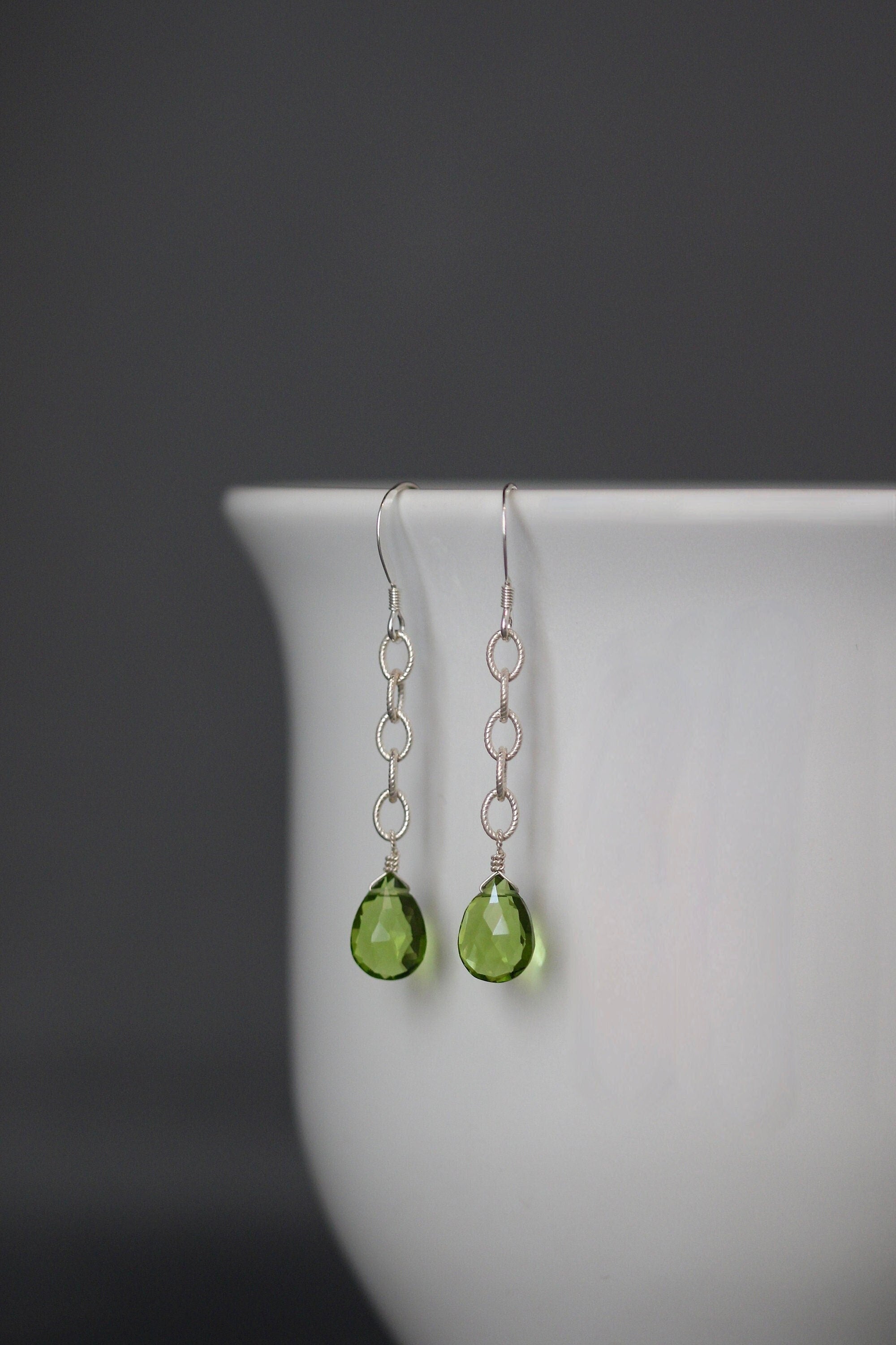 Peridot Teardrop Earrings on Sterling Silver Open Link Chain