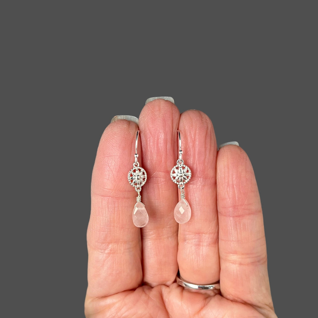 Rose Quartz Teardrop Earrings on Bali Silver Flower Links