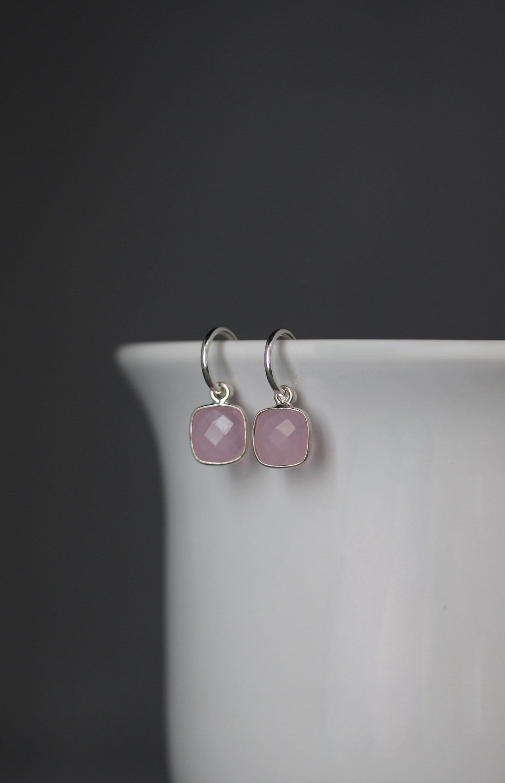 Rose Quartz Bezel Charm Earrings on Delicate Sterling Silver Post Hoops