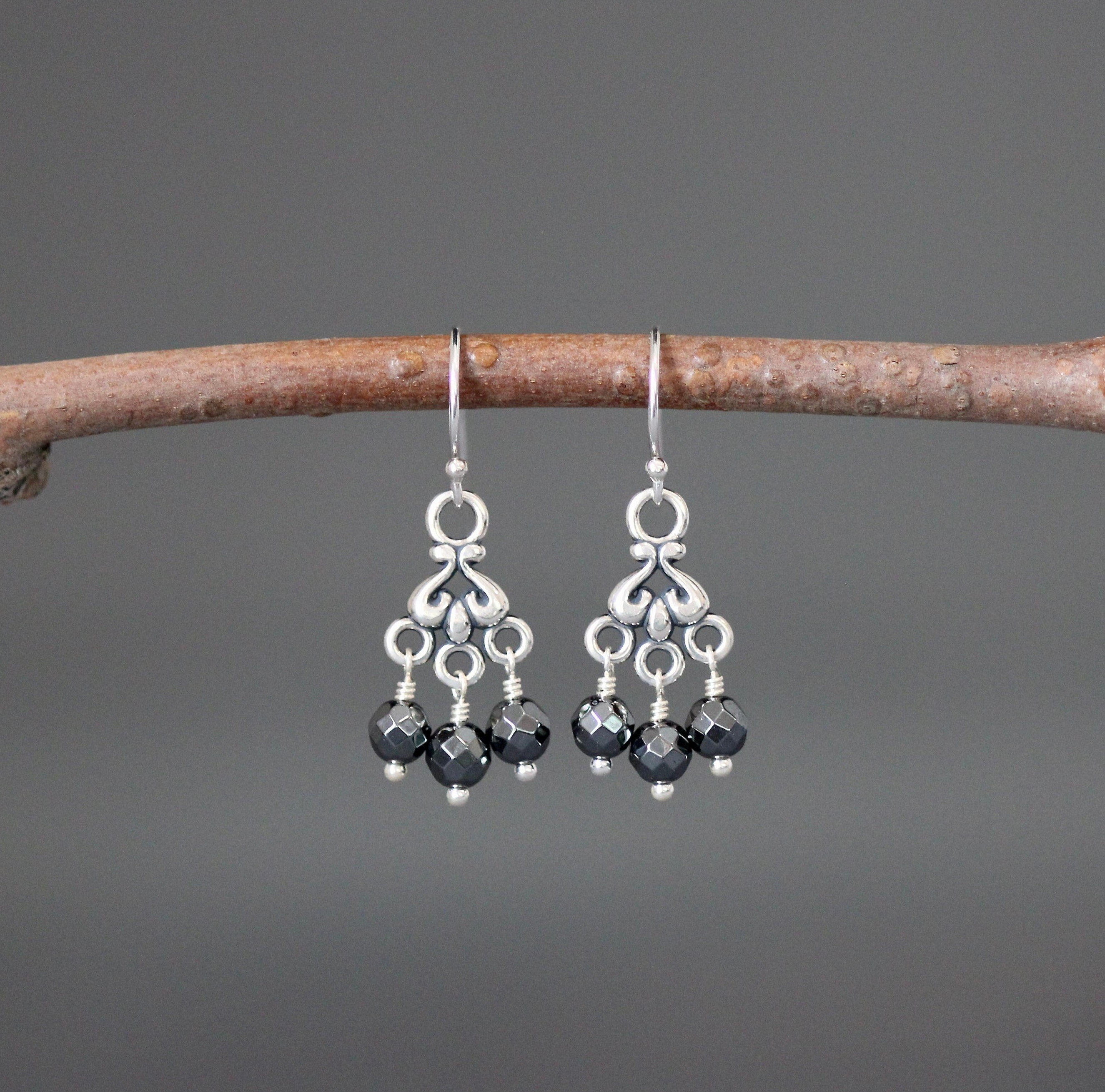 Gray Hematite Chandelier Earrings in Sterling Silver