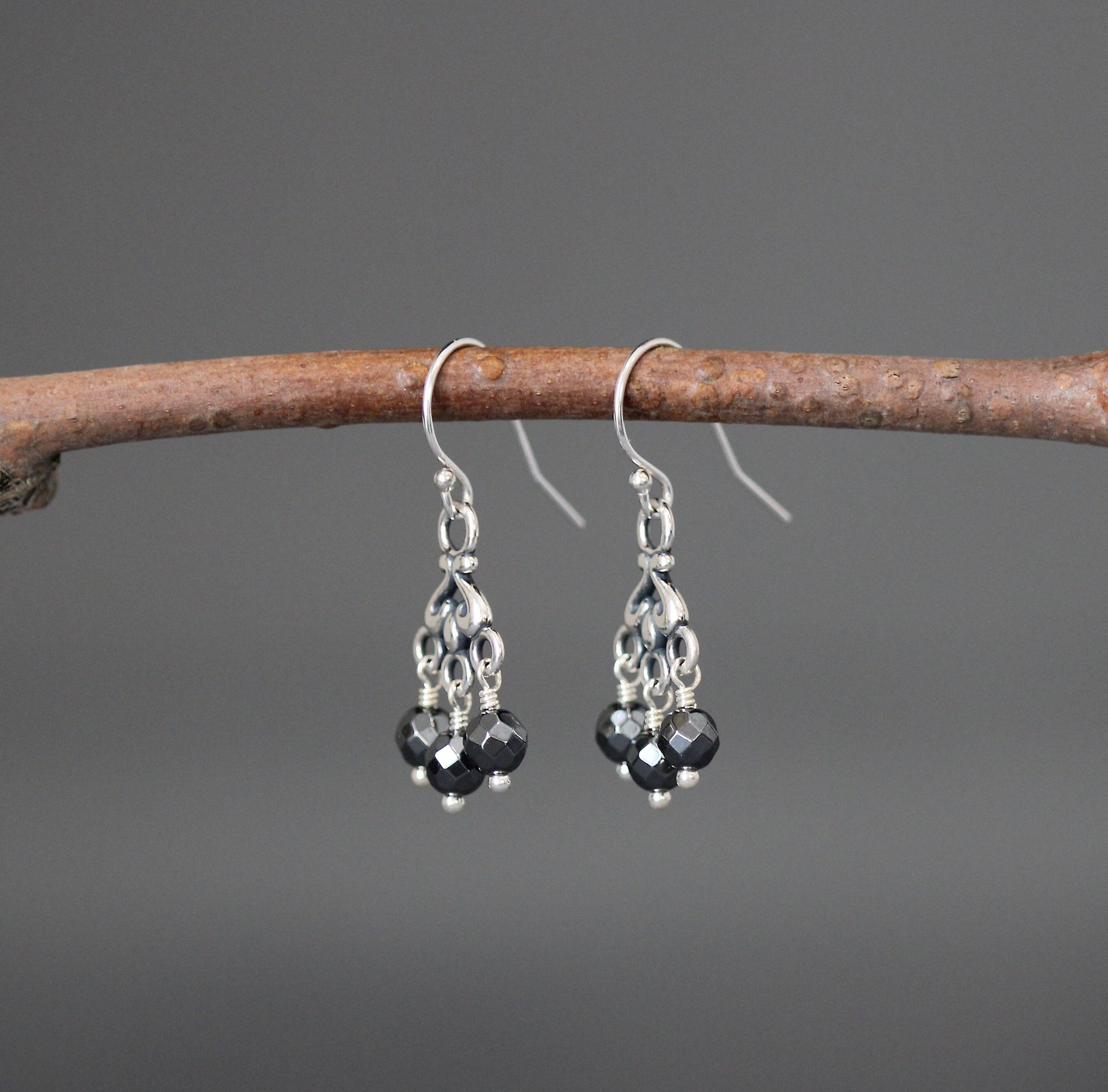 Gray Hematite Chandelier Earrings in Sterling Silver